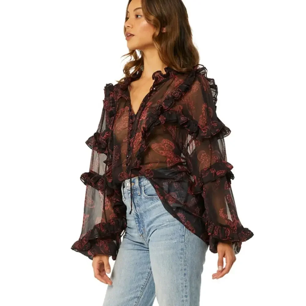 MISA Los Angeles Frida Butterfly Sheer Blouse Ruffle Puffy Sleeves sz XS X-Small - Picture 5 of 13
